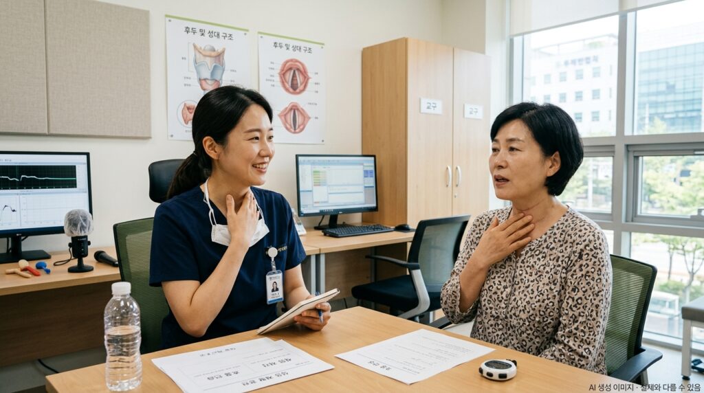 갑상선암 수술 후 성대 기능 회복을 위해 언어재활사와 음성 재활 치료를 받는 환자