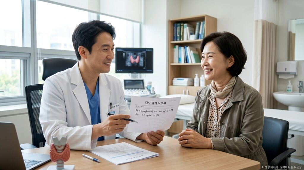 갑상선암 수술 후 정기 추적 검사를 받는 환자와 의사의 상담 장면