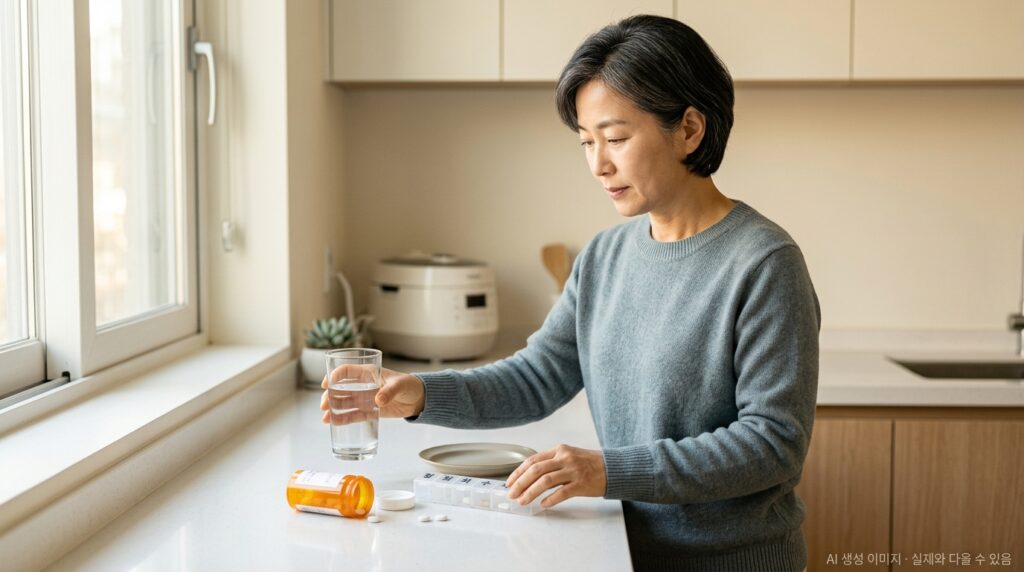 아침 공복에 갑상선 호르몬제를 물과 함께 복용하는 여성의 일상 관리 장면
