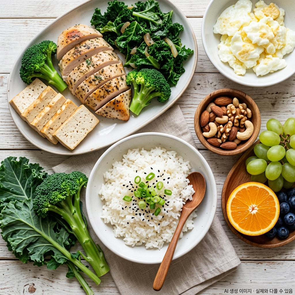 갑상선암 수술 후 저요오드 식단에 적합한 신선한 채소와 단백질 식품 구성