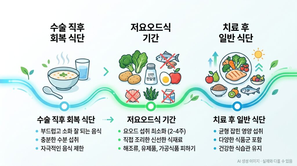 갑상선암 수술 후 단계별 식단 원칙을 타임라인으로 정리한 인포그래픽