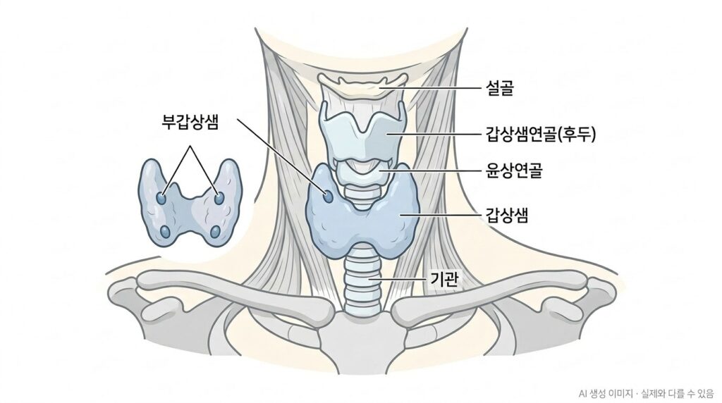 갑상선암 수술 후 요오드와 칼슘 관리가 필요한 이유를 설명하는 의료 일러스트