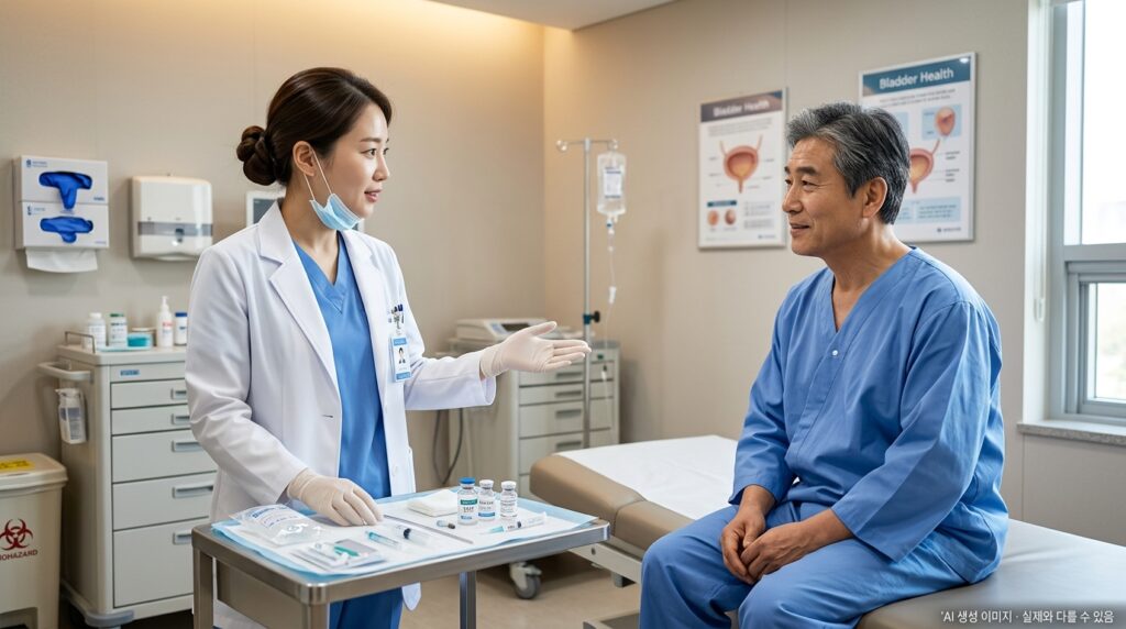 방광암 BCG 방광 내 주입 치료 과정을 설명하는 의료진과 환자 장면