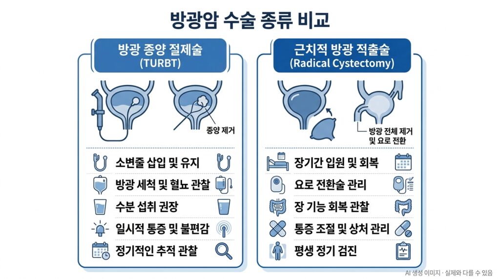 방광암 경요도절제술과 방광 전절제술 두 가지 수술 방식의 차이를 설명하는 인포그래픽