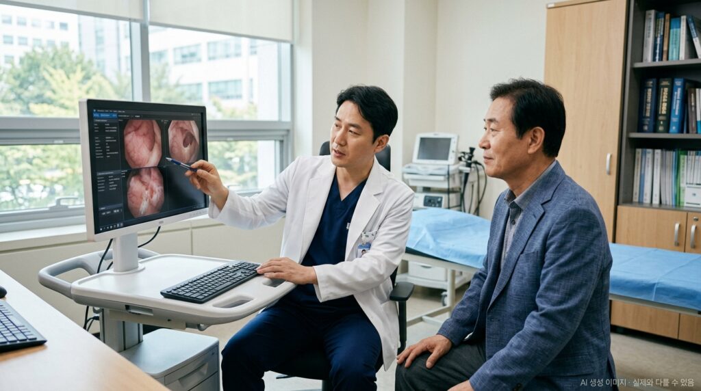 방광암 수술 후 방광경 추적 검사를 받는 환자와 비뇨의학과 의사 장면