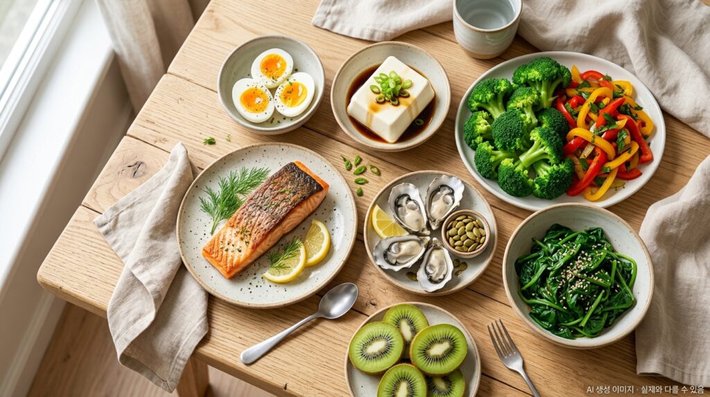 백혈구 수치 올리는 음식 — 단백질, 아연, 비타민C, 셀레늄이 풍부한 면역 강화 식품 구성