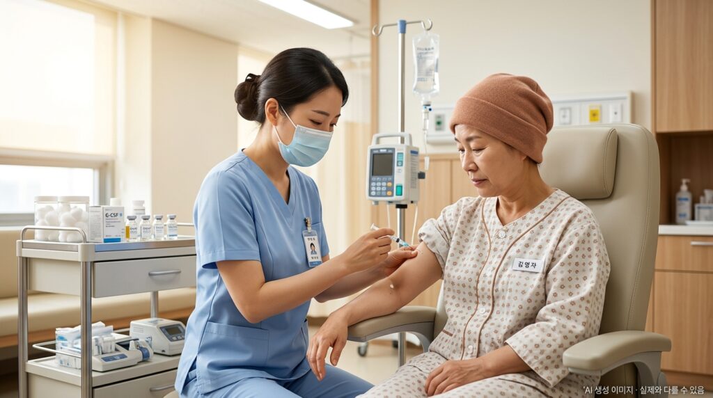 백혈구 수치 의료적 치료 — 의사에게 백혈구 증가 주사 치료를 받는 항암 환자