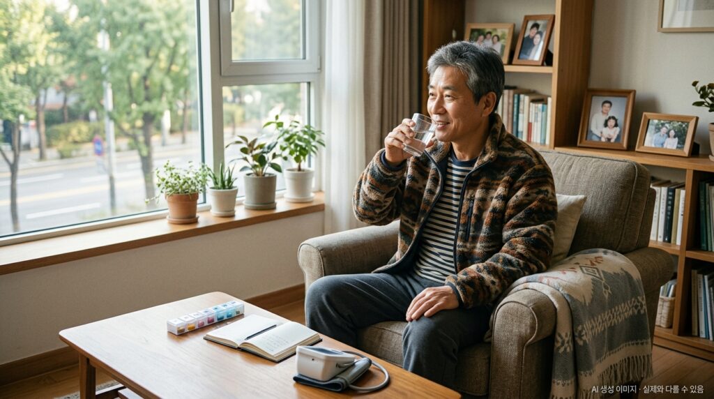 신장 하나로 생활하는 신장암 수술 후 환자의 건강 관리 일상 장면