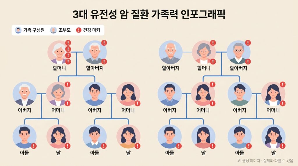 유전성 암이란 — 가족력과 유전자 변이의 관계를 설명하는 가족 3대 이미지