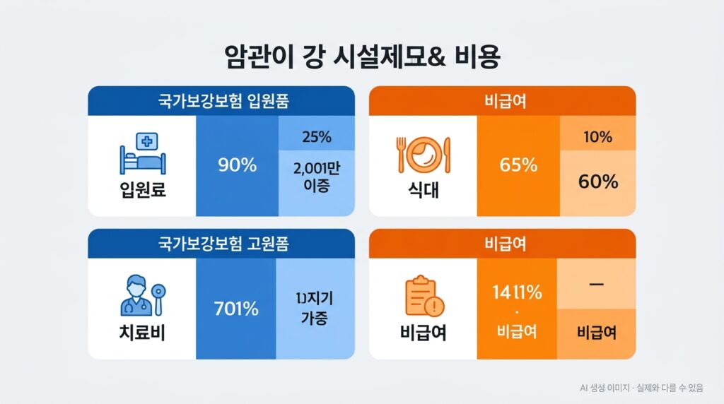 암요양병원 비용 항목을 정리한 인포그래픽 — 입원료, 치료비, 식대, 비급여 구분