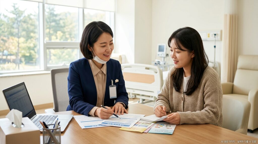 암요양병원 비용 절감 방법을 상담하는 환자 가족과 병원 상담사