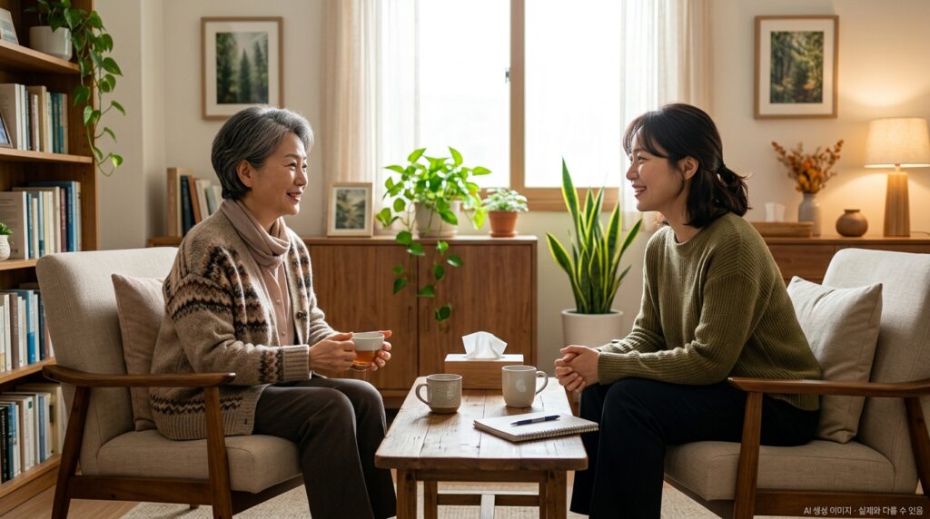 암 환자가 심리 상담사와 편안한 분위기에서 대화하는 상담 장면