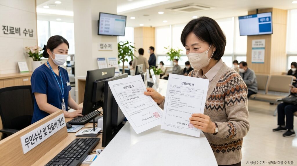병원 원무과 창구에서 진료의뢰서와 의뢰탄단서를 들고 있는 환자 보호자