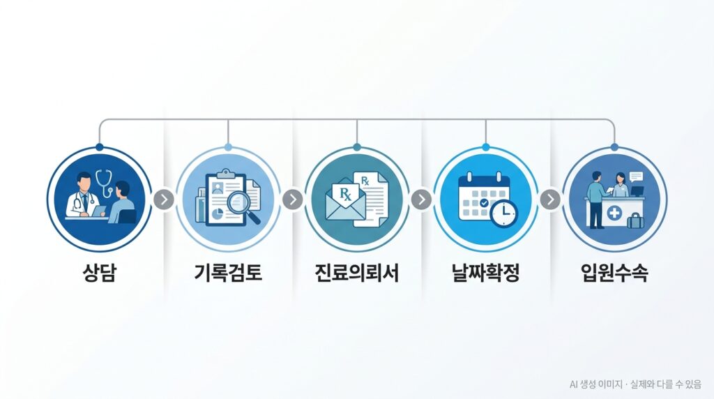 암 요양병원 입원 절차 5단계 타임라인: 상담 → 기록검토 → 진료의뢰서 → 날짜확정 → 입원수속