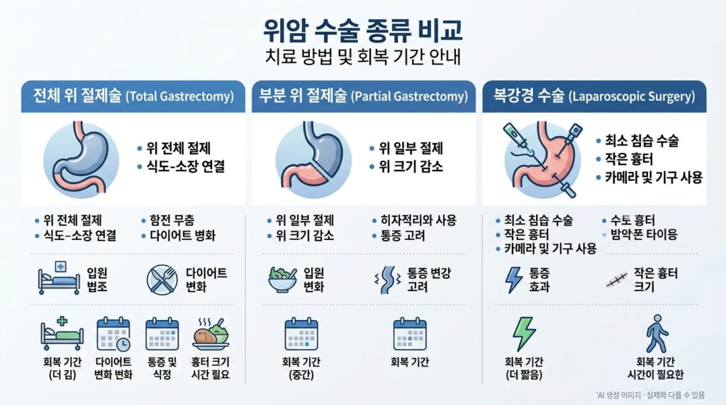 위암 전절제와 부분절제 수술 방식별 회복 기간 비교 인포그래픽