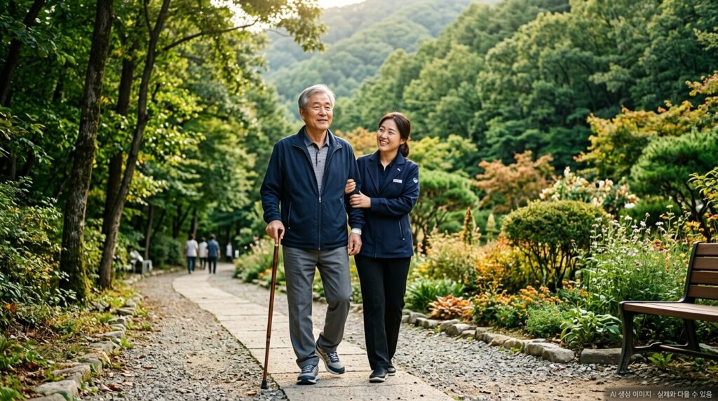 가평 자연 속 요양 환경에서 가벼운 산책으로 회복 중인 위암 수술 후 환자