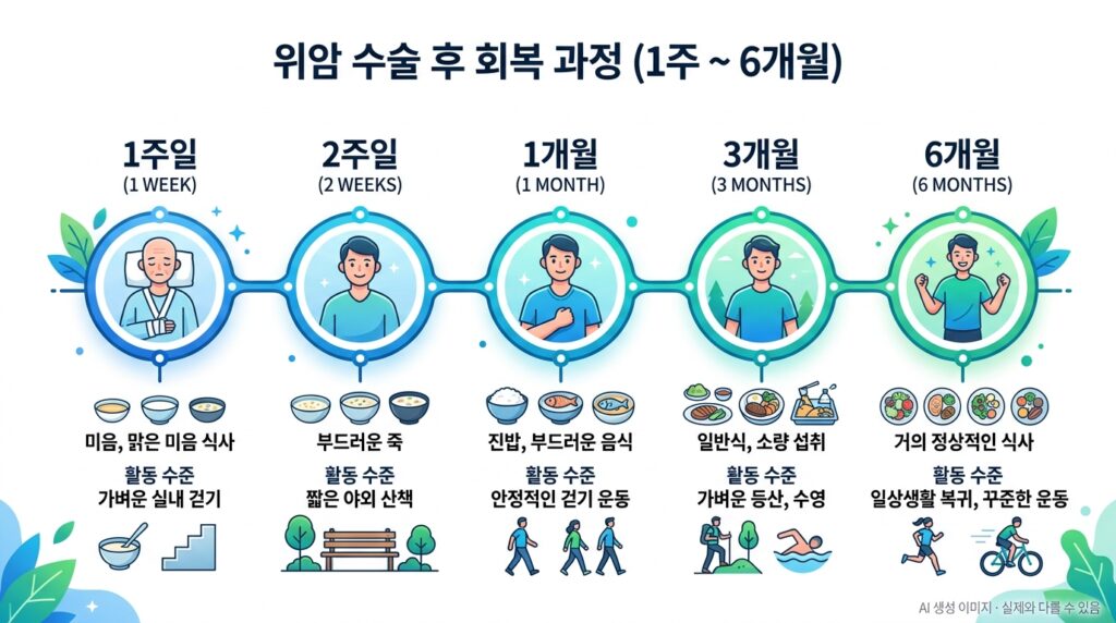 위암 수술 후 1주~6개월 회복 과정을 주차별로 정리한 타임라인 인포그래픽