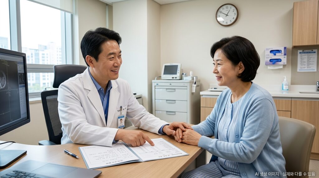 위암 수술 후 정기 추적 검사 일정을 의사와 함께 확인하는 환자 장면