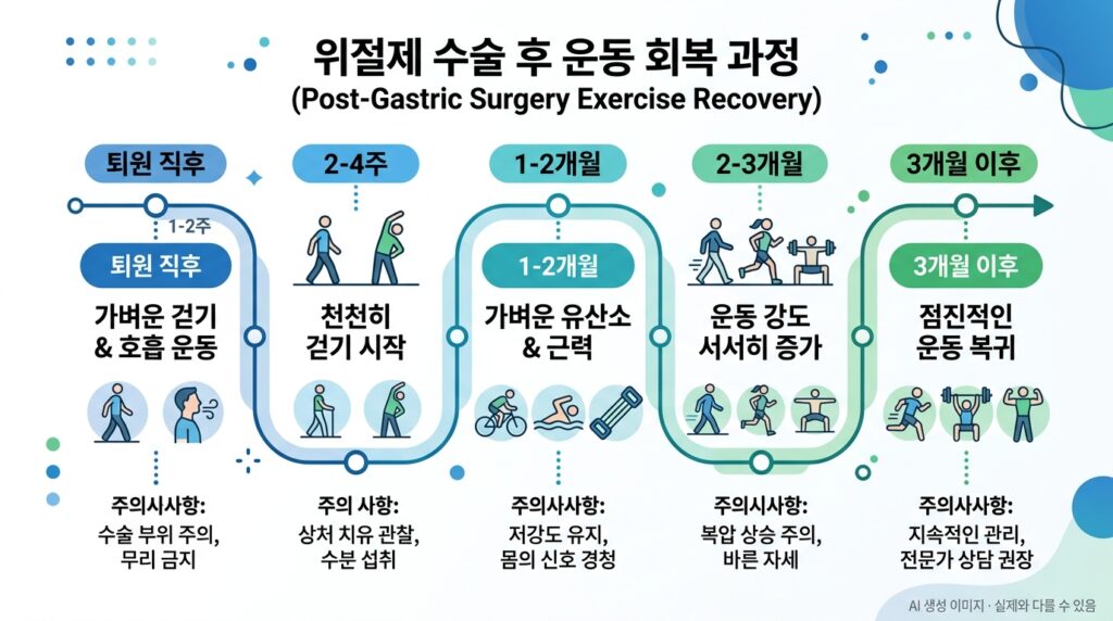 위암 수술 후 운동 단계를 퇴원 직후부터 3개월 이후까지 타임라인으로 정리한 인포그래픽