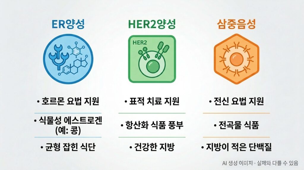 유방암 유형별 식단 차이 — 호르몬 수용체 양성·음성·HER2 유형별 식단 안내 이미지