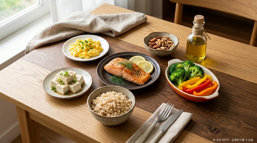 유방암 수술 후 식단 핵심 원칙 — 채소, 생선, 통곡물, 견과류 중심의 항염 식단 구성