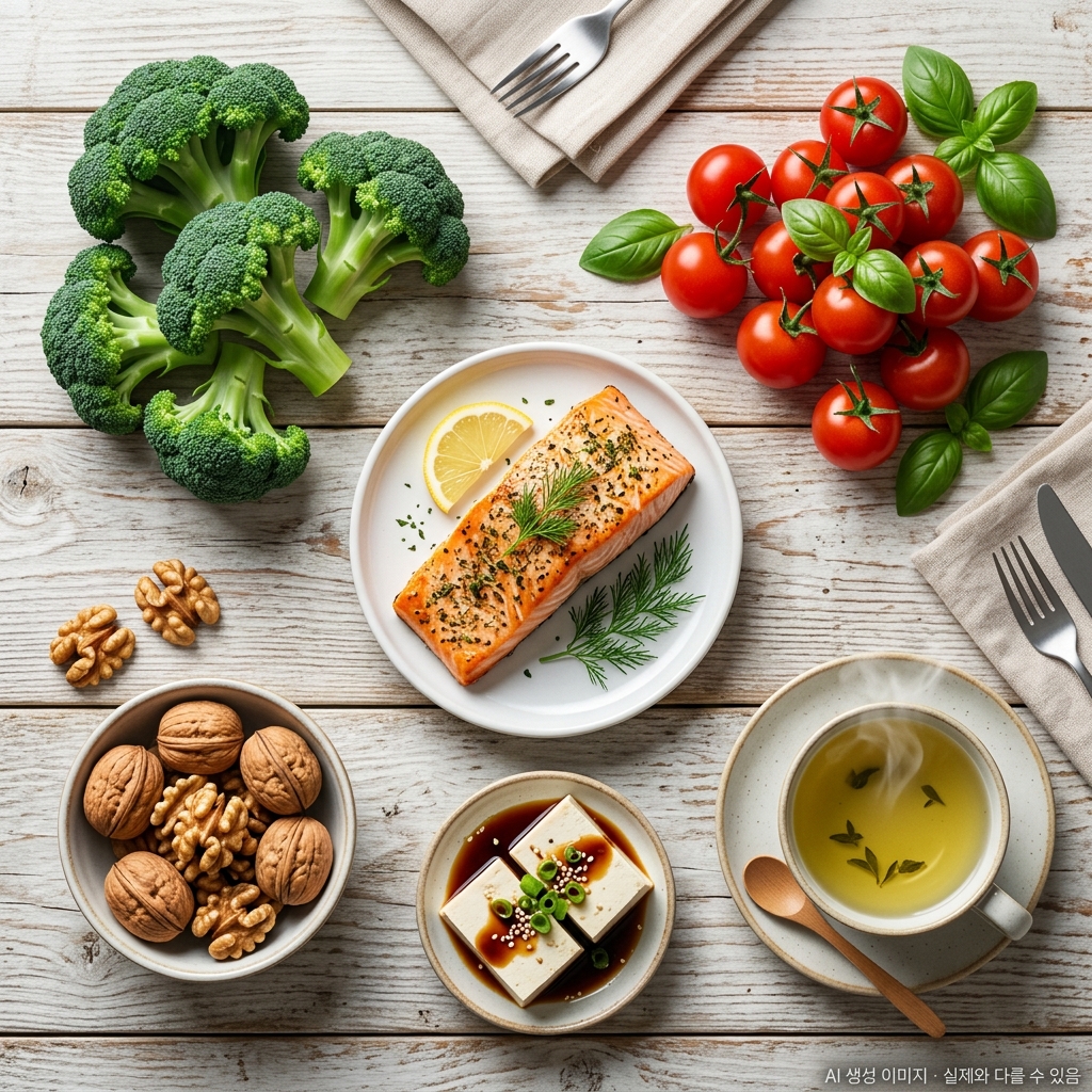 전립선암 수술 후 권장 식품인 토마토, 브로콜리, 두부, 연어를 정갈하게 배치한 식단