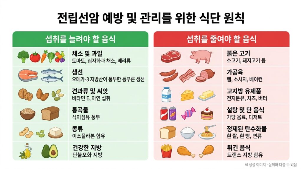 전립선암 재발 위험을 낮추는 식단 원칙을 설명하는 의료 일러스트