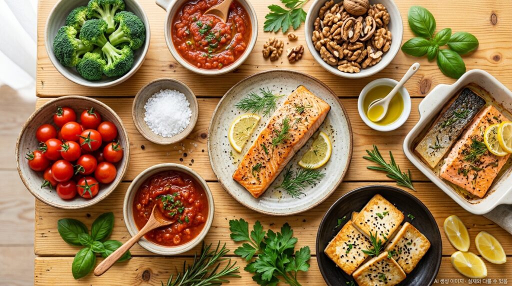 전립선암 수술 후 권장 식품 — 토마토, 브로콜리, 두부, 연어, 호두 구성
