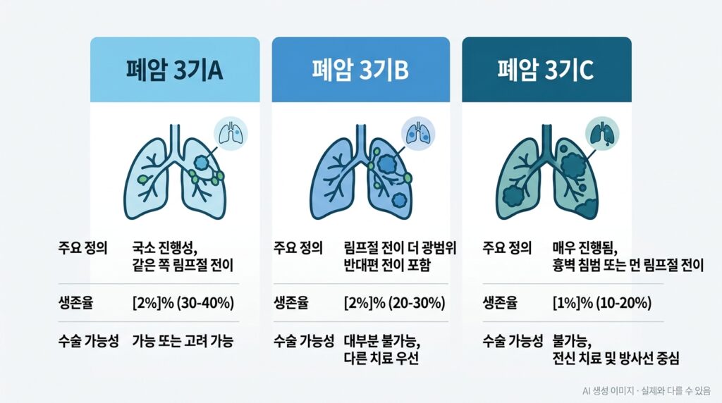 폐암 3기A, 3기B, 3기C 세부 분류를 나타낸 병기 구분 인포그래픽