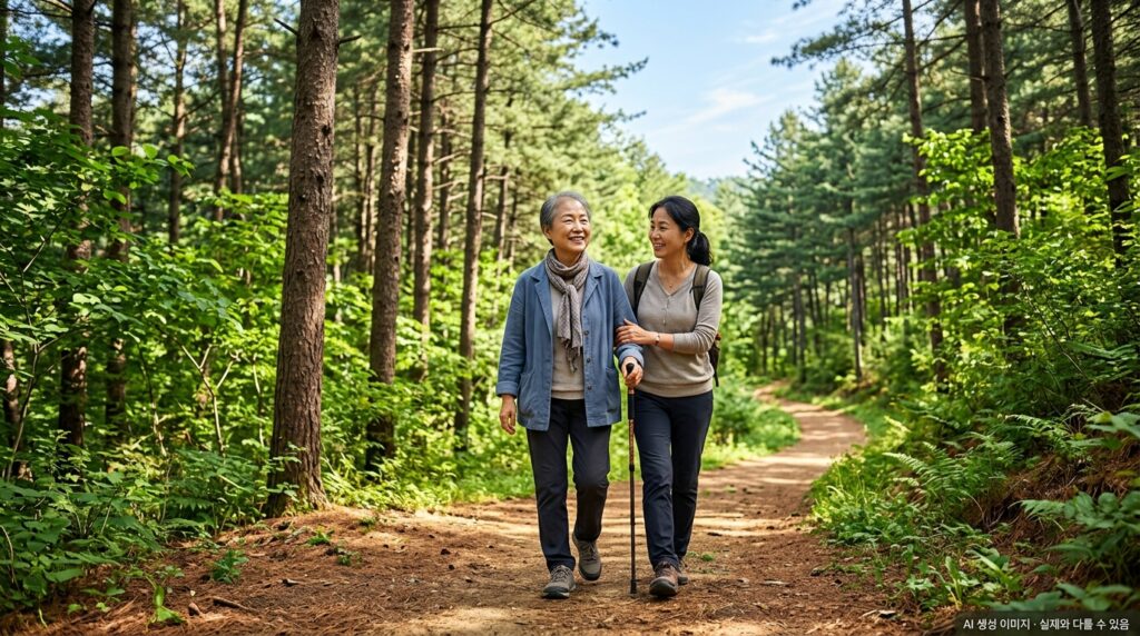 폐암 3기 치료 후 회복기에 가벼운 산책을 하는 환자와 의료진