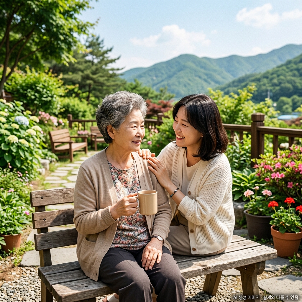 가평 자연환경에서 가족과 함께 평온하게 시간을 보내는 폐암 4기 환자