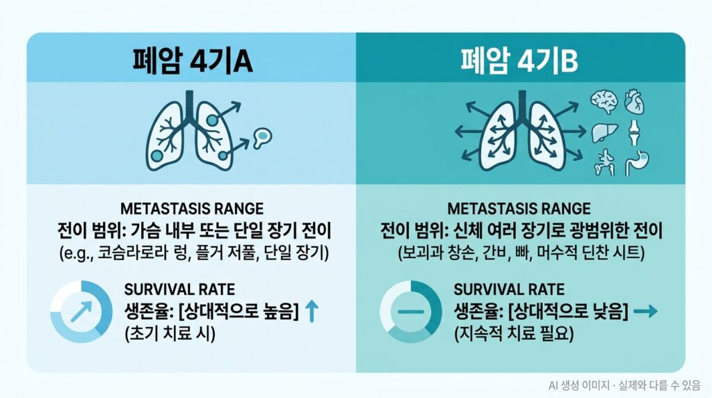 폐암 4기A와 4기B의 차이를 설명하는 전이 범위 인포그래픽