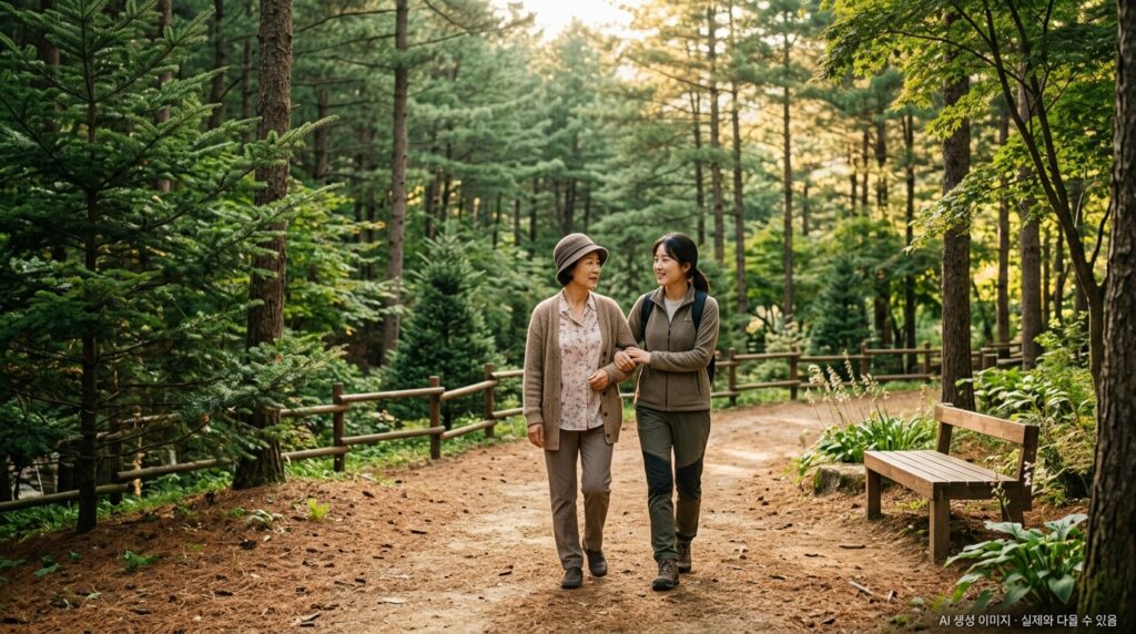 폐암 4기 환자가 가족과 함께 요양 환경에서 평온하게 시간을 보내는 장면