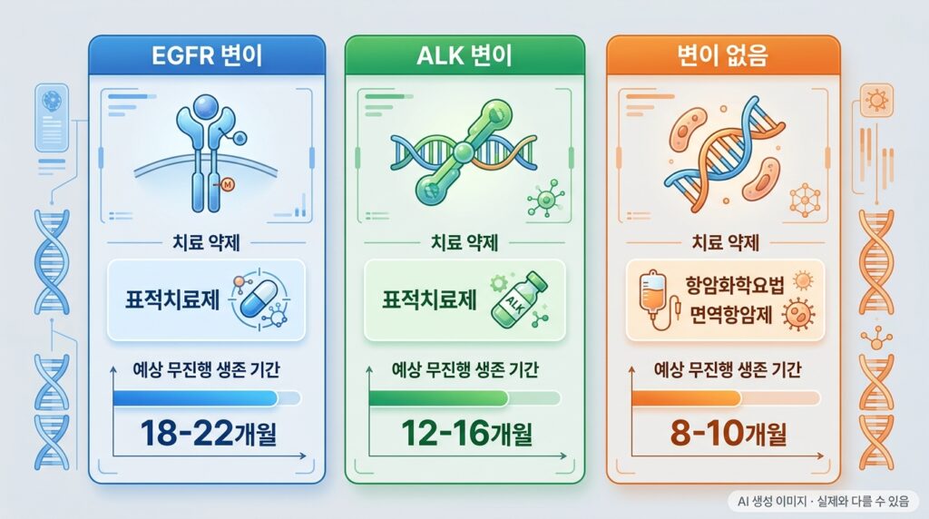폐암 4기 EGFR·ALK 변이 유무에 따른 치료 방향 비교 인포그래픽