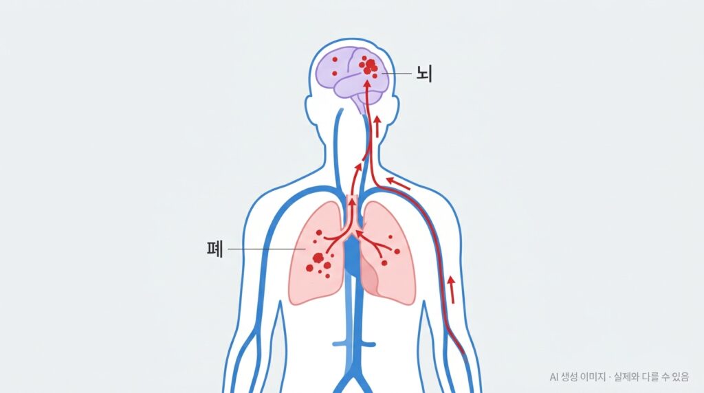 폐암 세포가 혈류를 타고 뇌로 전이되는 과정을 나타낸 의료 일러스트