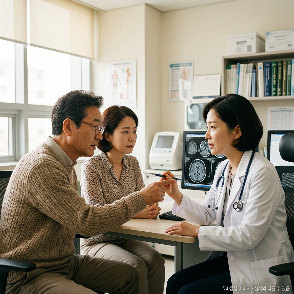 뇌 MRI 결과를 의사와 함께 확인하는 폐암 환자와 보호자