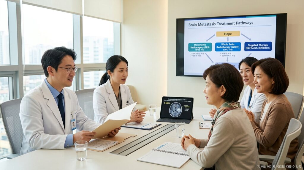 폐암 뇌전이 치료 방법을 설명하는 의료진과 환자의 상담 장면