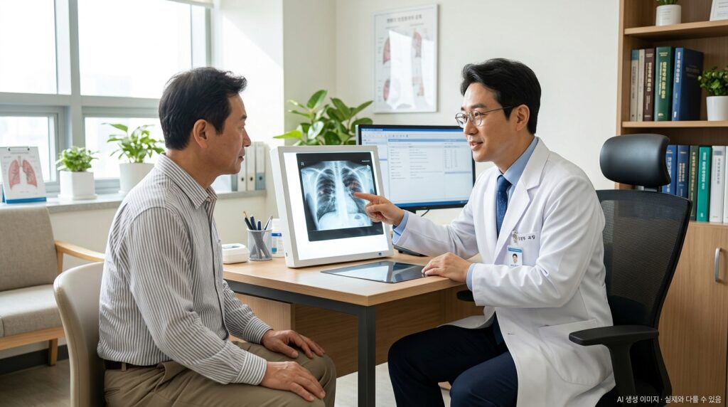 방사선 폐렴 증상을 확인하는 의사와 폐암 환자의 흉부 X선 검토 장면