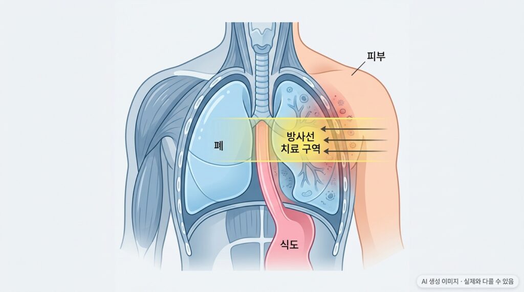 방사선이 폐 주변 조직에 미치는 영향을 설명하는 의료 일러스트