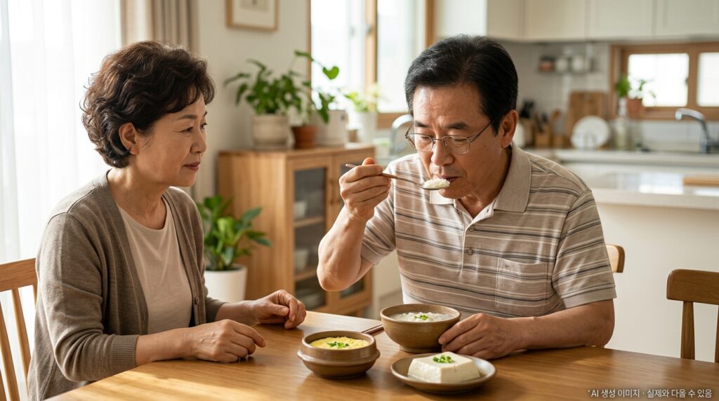 방사선 치료 중 부드러운 음식을 소량 먹으며 식도염을 관리하는 폐암 환자