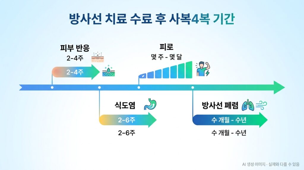 방사선 치료 종료 후 회복 기간을 타임라인으로 정리한 인포그래픽