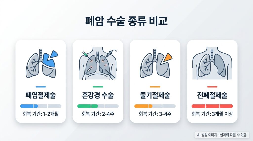 폐엽절제술·흉강경 수술 등 수술 방식별 회복 기간을 비교한 인포그래픽