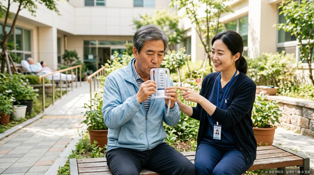 물리치료사와 함께 복식호흡 재활 운동을 하는 폐암 수술 후 환자