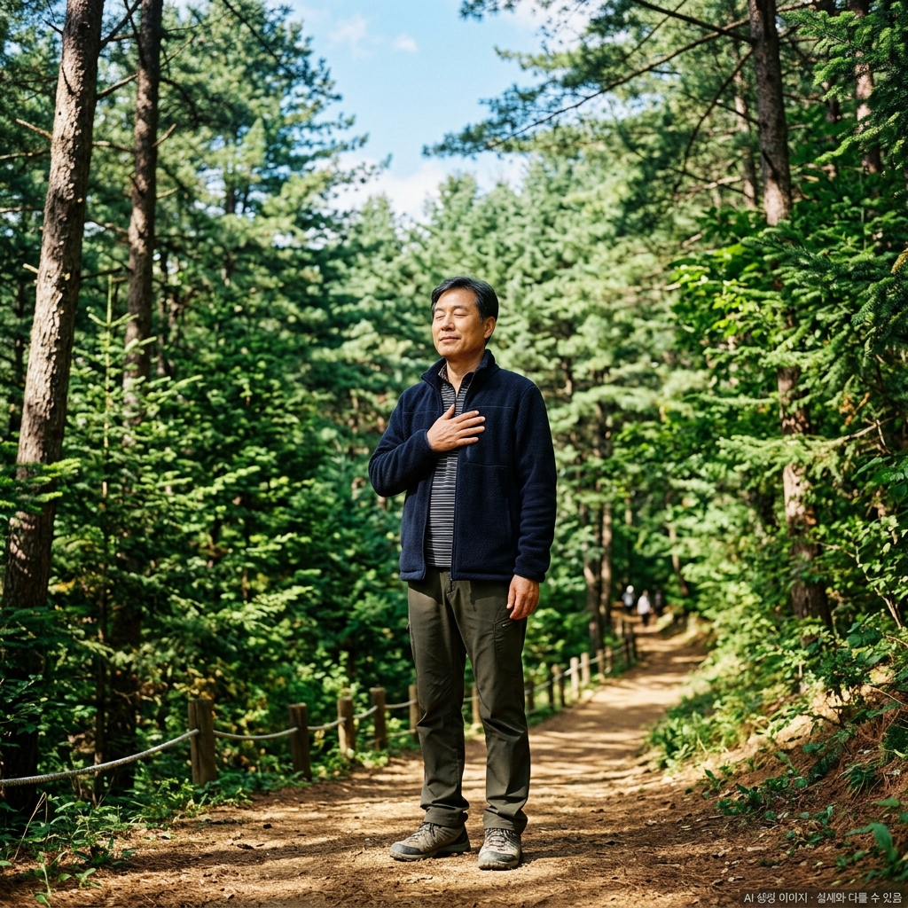 가평 침엽수림 산책로에서 깊게 호흡하며 회복 중인 폐암 환자
