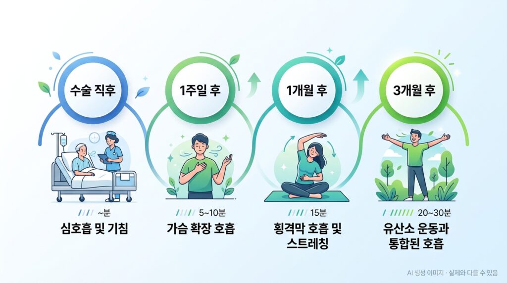 폐암 수술 후 1주일~3개월 호흡 운동 단계를 타임라인으로 정리한 인포그래픽