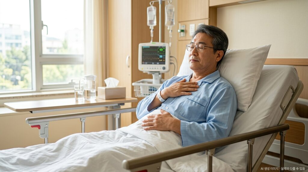 침대에 누워 복식호흡 연습을 하는 폐암 수술 후 환자