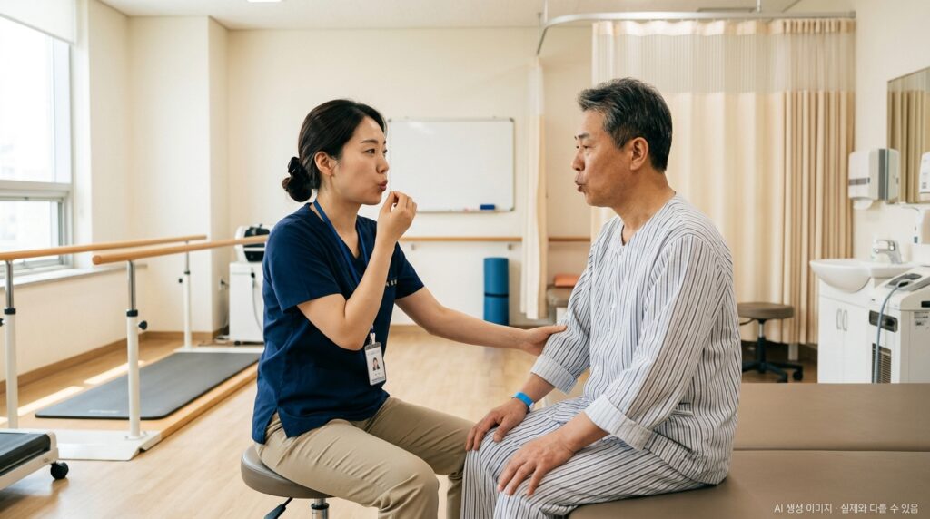 입술 오므리기 호흡 동작을 물리치료사의 지도 아래 연습하는 환자