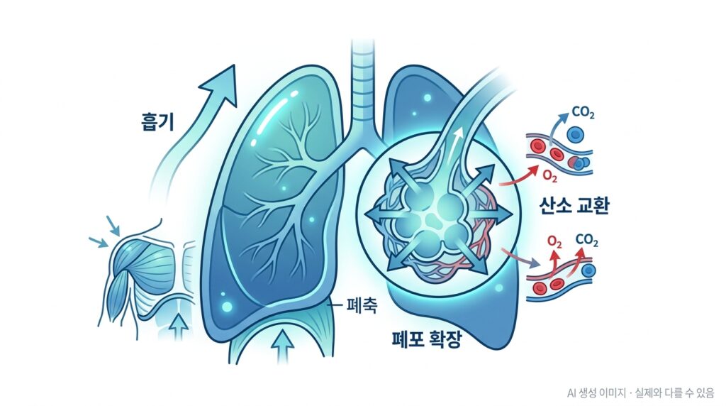 폐 기능 회복을 돕는 호흡 운동 원리를 설명하는 클린 의료 일러스트