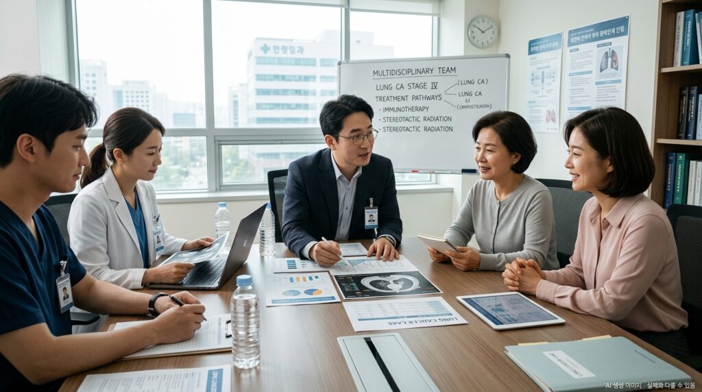 폐암 전이 부위별 증상과 치료 방향을 안내하는 의료진과 환자 상담 장면