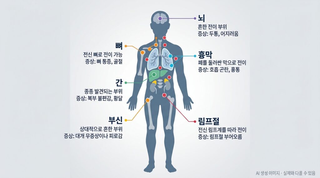 폐암이 자주 전이되는 신체 부위를 표시한 전신 인포그래픽